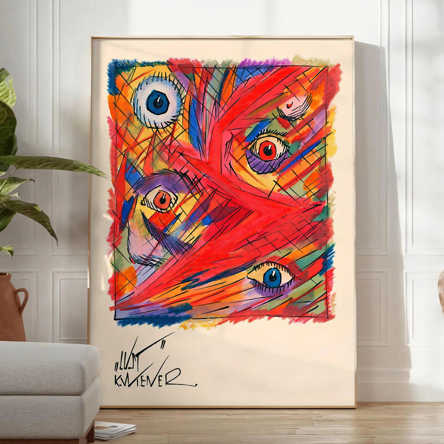 room vibrant abstract colored maximalist poster orange blue hues eye wall art unique gift artwork energy style space sizes A4 cm A0