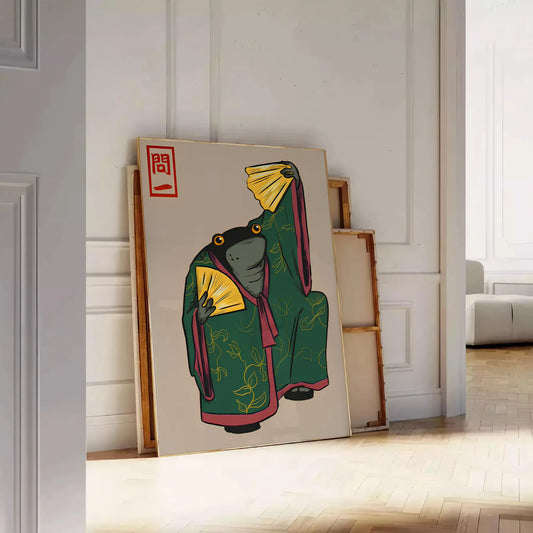 space vibrant culture Japan stunning Kimono Matsumoto Hoji poster vivid green orange palette unique artwork perfect wall thoughtful gift unframed piece art today