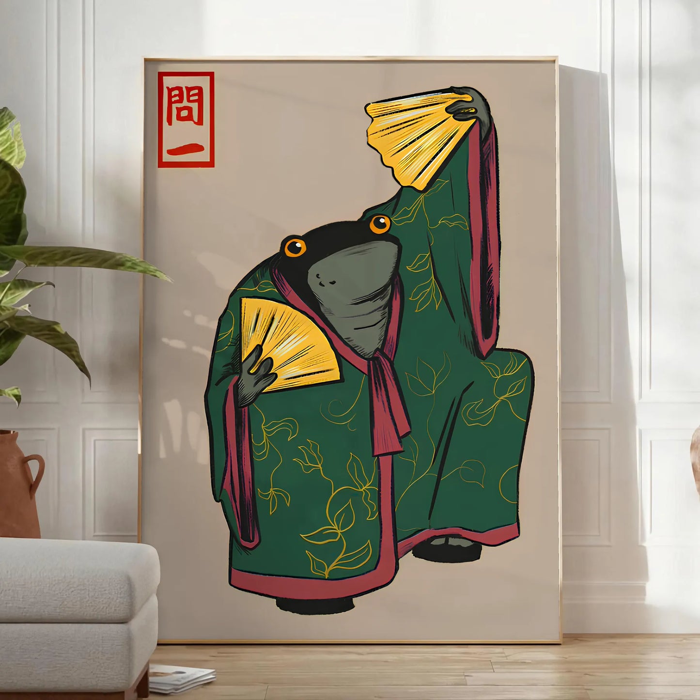 space vibrant culture Japan stunning Kimono Matsumoto Hoji poster vivid green orange palette unique artwork perfect wall thoughtful gift unframed piece art today