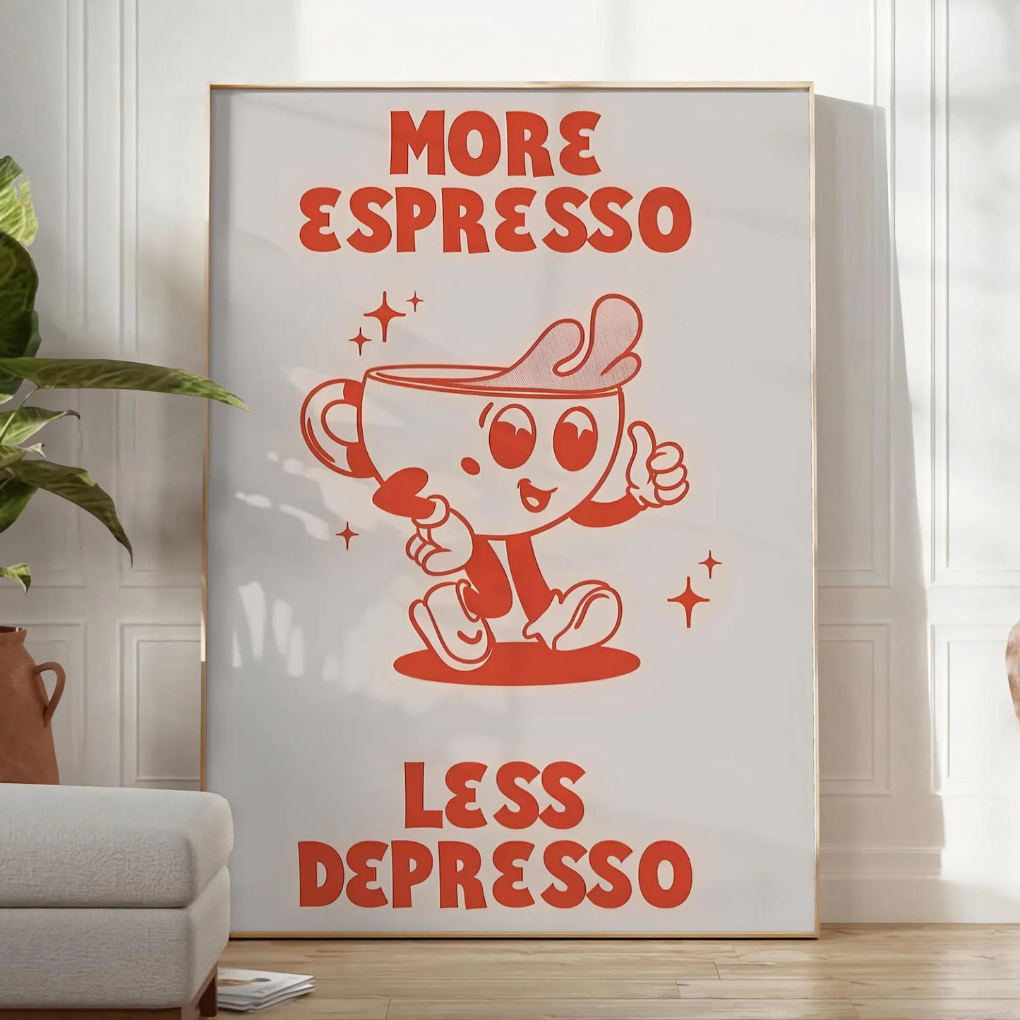 kitchen More Espresso Less Depresso poster vibrant orange blue hues gift wall art collection eye print splash motivation various sizes A4 cm A0