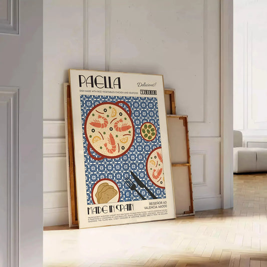 kitchen decor vibrant Paella Art Poster rich shades gray orange unique wall splash culinary inspiration space perfect gift style