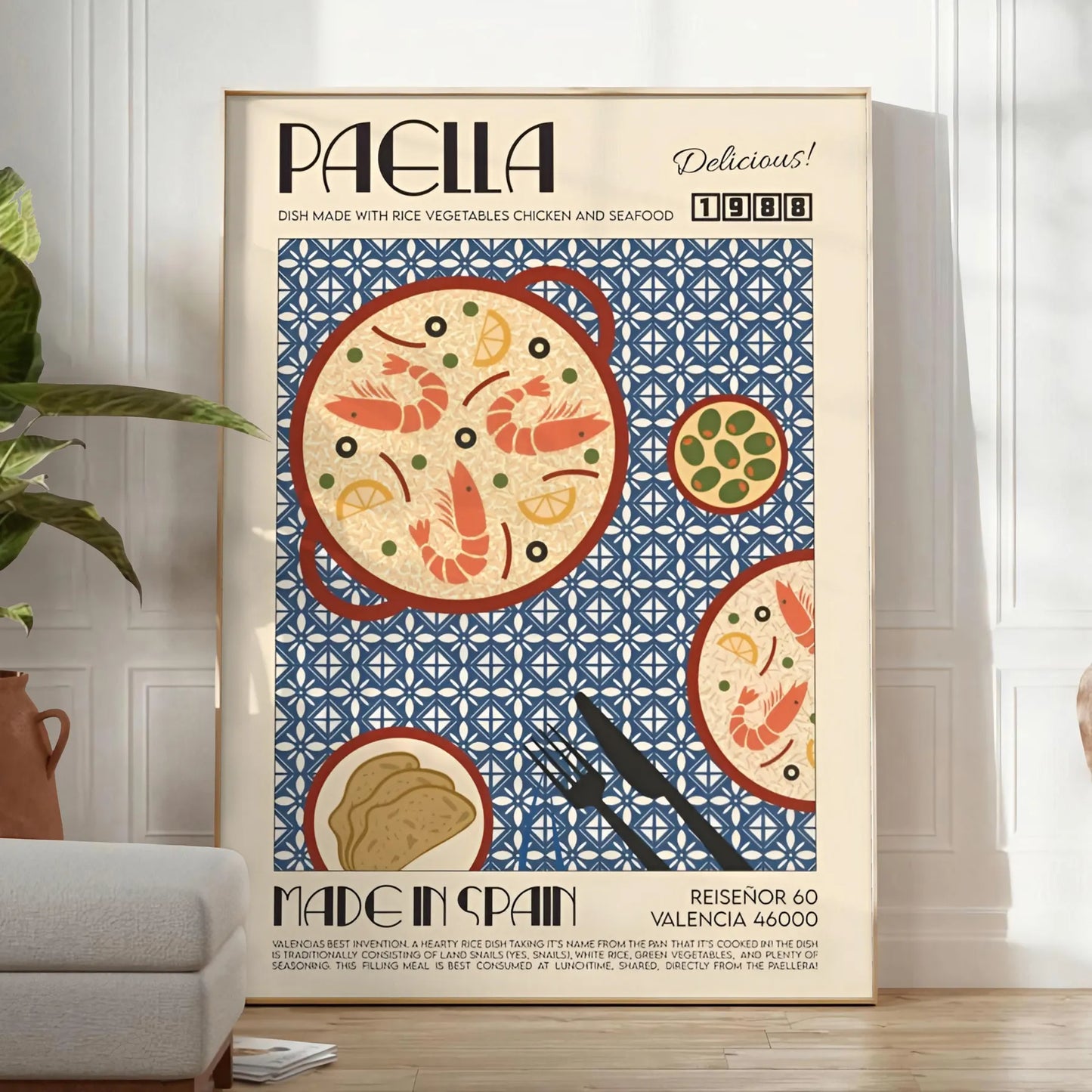 kitchen decor vibrant Paella Art Poster rich shades gray orange unique wall splash culinary inspiration space perfect gift style