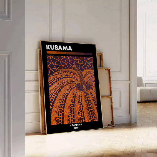 vibrant fusion pumpkin Yayoi Kusama iconic style striking black orange poster art lovers wall piece unique gift stunning addition space convenience