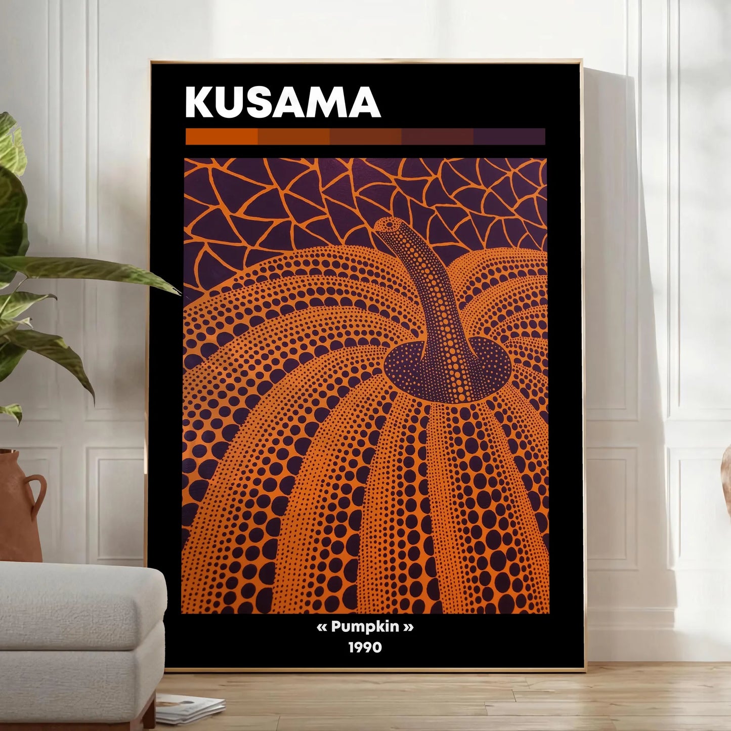 vibrant fusion pumpkin Yayoi Kusama iconic style striking black orange poster art lovers wall piece unique gift stunning addition space convenience