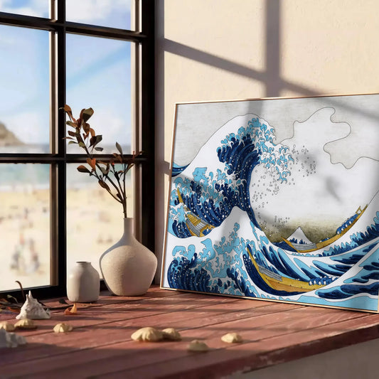 space stunning The Great Wave Kanagawa poster Hokusai vibrant green blue hues iconic Japanese artwork captivating wall art piece thoughtful gift sizes A4 cm A0 lovers